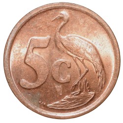 Bronze 5 Cents of South Africa (AD 2003) with Standing blue crane UNC Grade