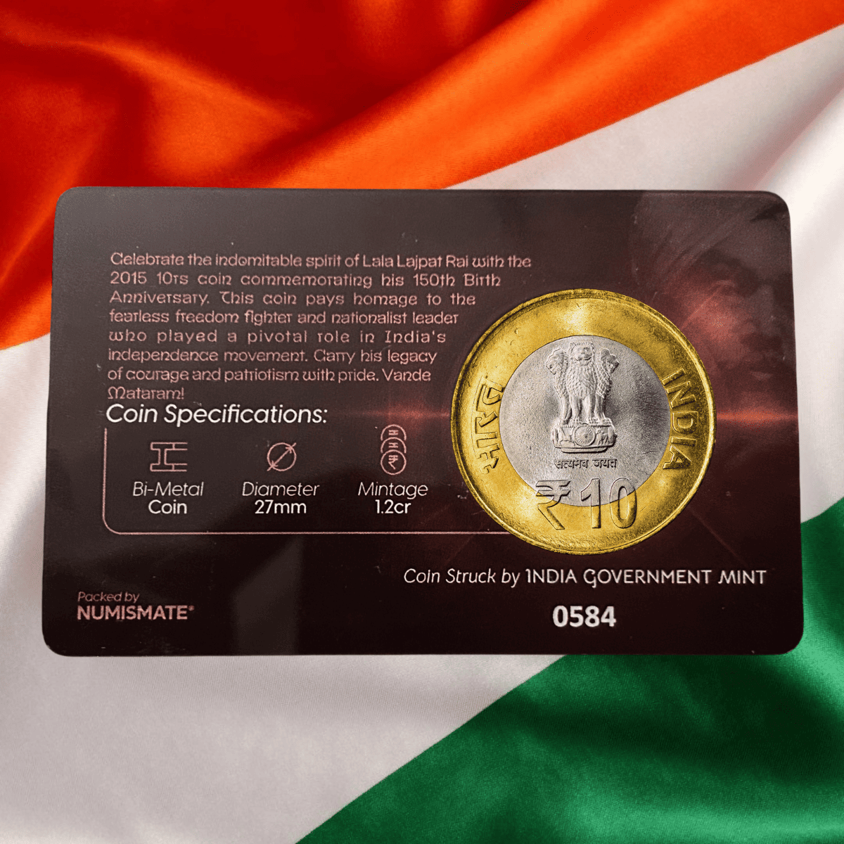 Rare 10 Rupee 2015 Lala Lajpat Rai 150th Birth Anniversary Bombay Mint Republic of India Packed UNC Coin # A620