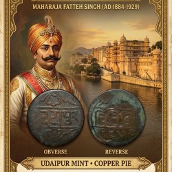 Copper Pie of Fatteh Singh(AD 1884-1929) of Mewar State of Udaipur Mint KM Y14 Very Rare