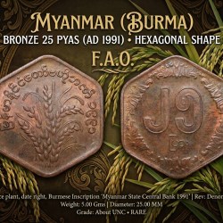 Bronze 25 Pyas of Myanmar (AD 1991) Commemorative issue - F.A.O. Rare
