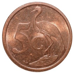 Bronze 5 Cents of South Africa (AD 2004) with Standing blue crane UNC Grade