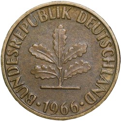 Brass 5 Pfenning of Germany (AD 1966) with Oak Sapling