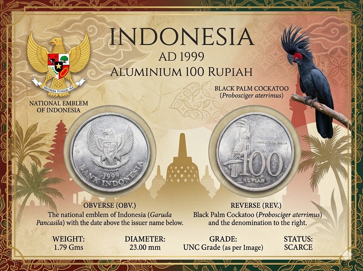 Aluminium 100 Rupiah of Indonesia (AD 1999) withBlack Palm Cockatoo (Probosciger aterrimus) Bird