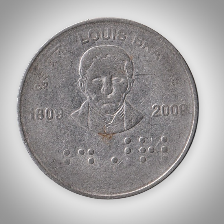 Rare 2 Rupees 2009 Louis Braille Birth Bicentenary Calcutta Mint Republic of India Commemorative Coin # A394