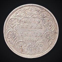 Super Duper Rare Half Rupee 1880 Queen Victoria Empress Calcutta Mint British India Silver Coin # A407