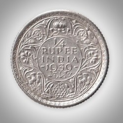 Rare 1/4 Rupee 1939 King George VI Silver Calcutta Mint Coinage of British India Coin # A452