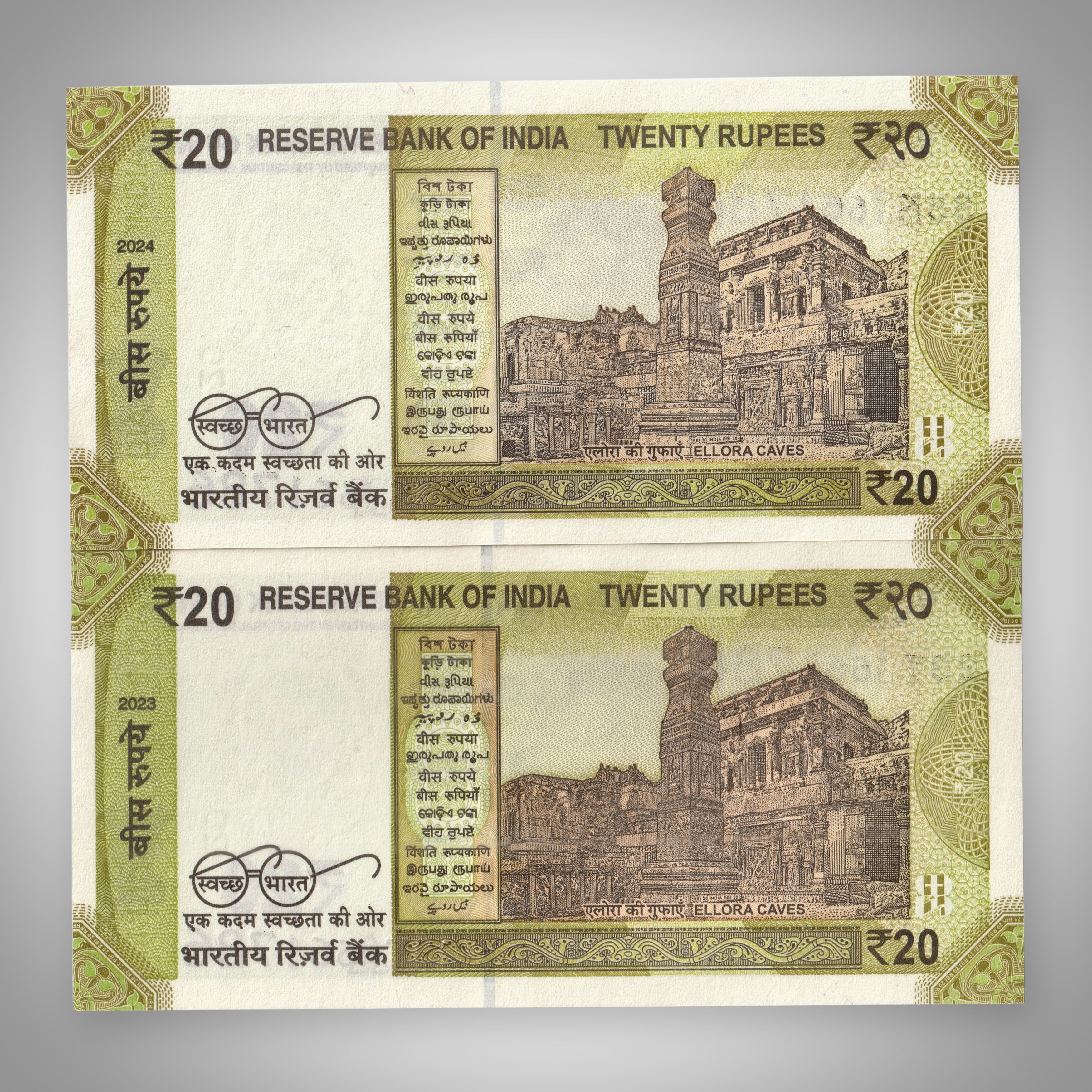 2 Rare Same Serial Number 661786 Bank Note of 20 Rupees with 786 Ending Fancy Number Set of Year 2023 & 2024 Ellora Caves Republic India Note # A483