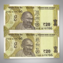 2 Rare Same Serial Number 679786 Bank Note of 20 Rupees with 786 Ending Fancy Number Set of Year 2024 Republic India Note # A484