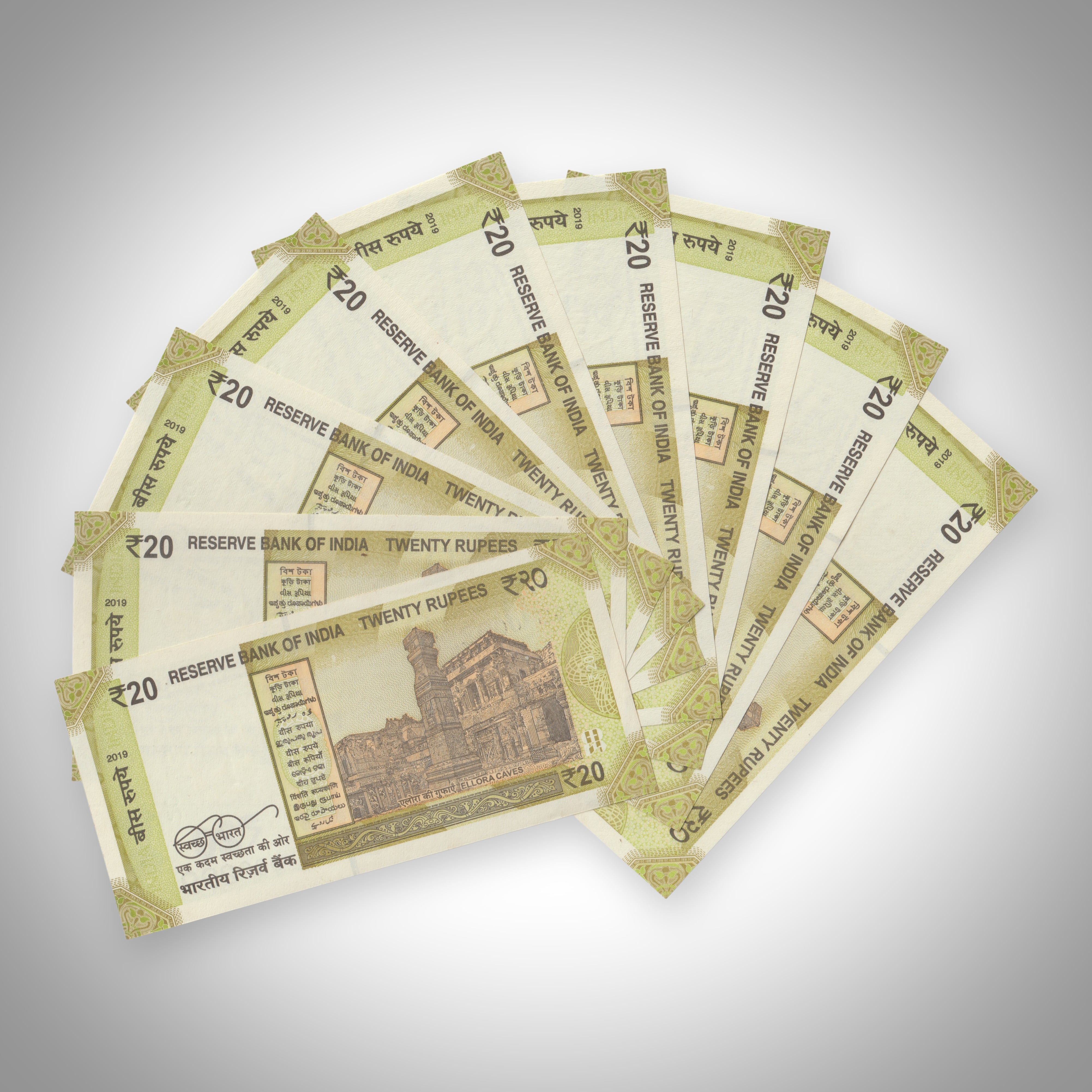 Rare 9 Note Set of 20 Rupee Fancy Number UNC Bank Notes Serial 86B 000211, 000222, 000233, 000244, 000255, 000266, 000277, 000288, 000299 With Rare 000222 No. Year 2019 Republic India Note # A582