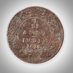 Rare 1/12 Anna 1897 Queen Victoria Empress Calcutta Mint British India Copper Coin # A604