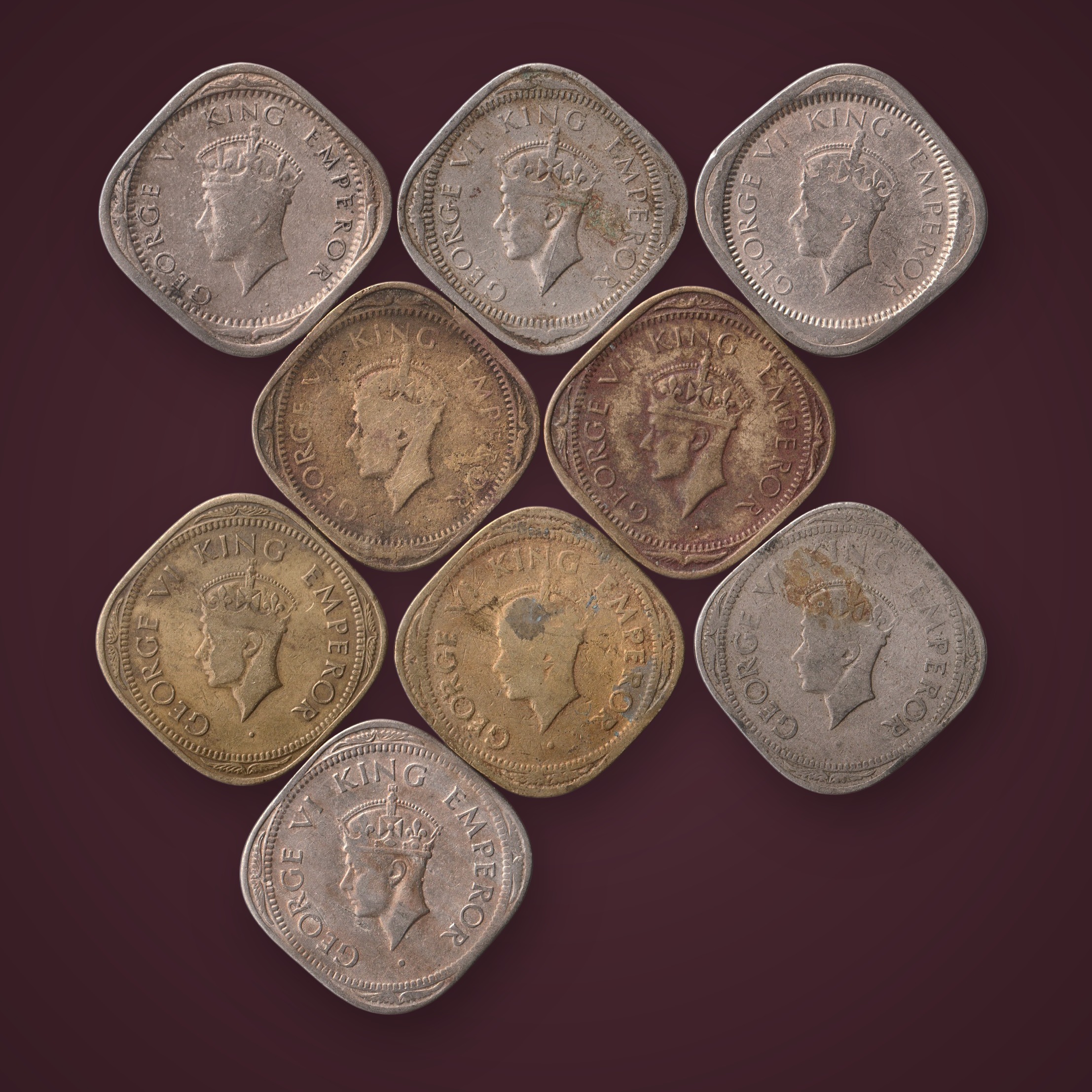 Rare 2 Annas 1939 to 1947 George VI King Emperor Nine Coin Date Set British India Coin # A617