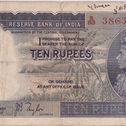 British India 10 Rupees J B Taylor Sign 1938 Old Note Rare #12
