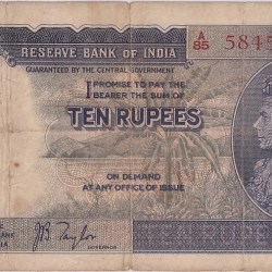 British India 10 Rupees J B Taylor Sign 1938 Old Note Rare #13