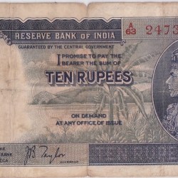 British India 10 Rupees J B Taylor Sign 1938 Old Note Rare #14