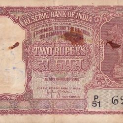 2 rupees Half Tiger Issue H V R Iyengar Sign Very Fine Note #3