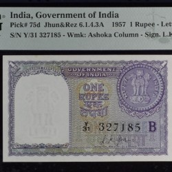 RARE A -10 ONE RUPEE NOTE SECRETARY L. K. JHA YEAR 1957 PMG GRADED HIGH GRADE 64 UNC