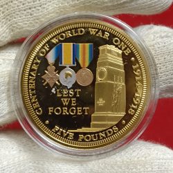 2014 Five Pounds Gold Plated commemorative Proof coinTristan da Cunha (British Overseas Territory marking the Centenary of World War One