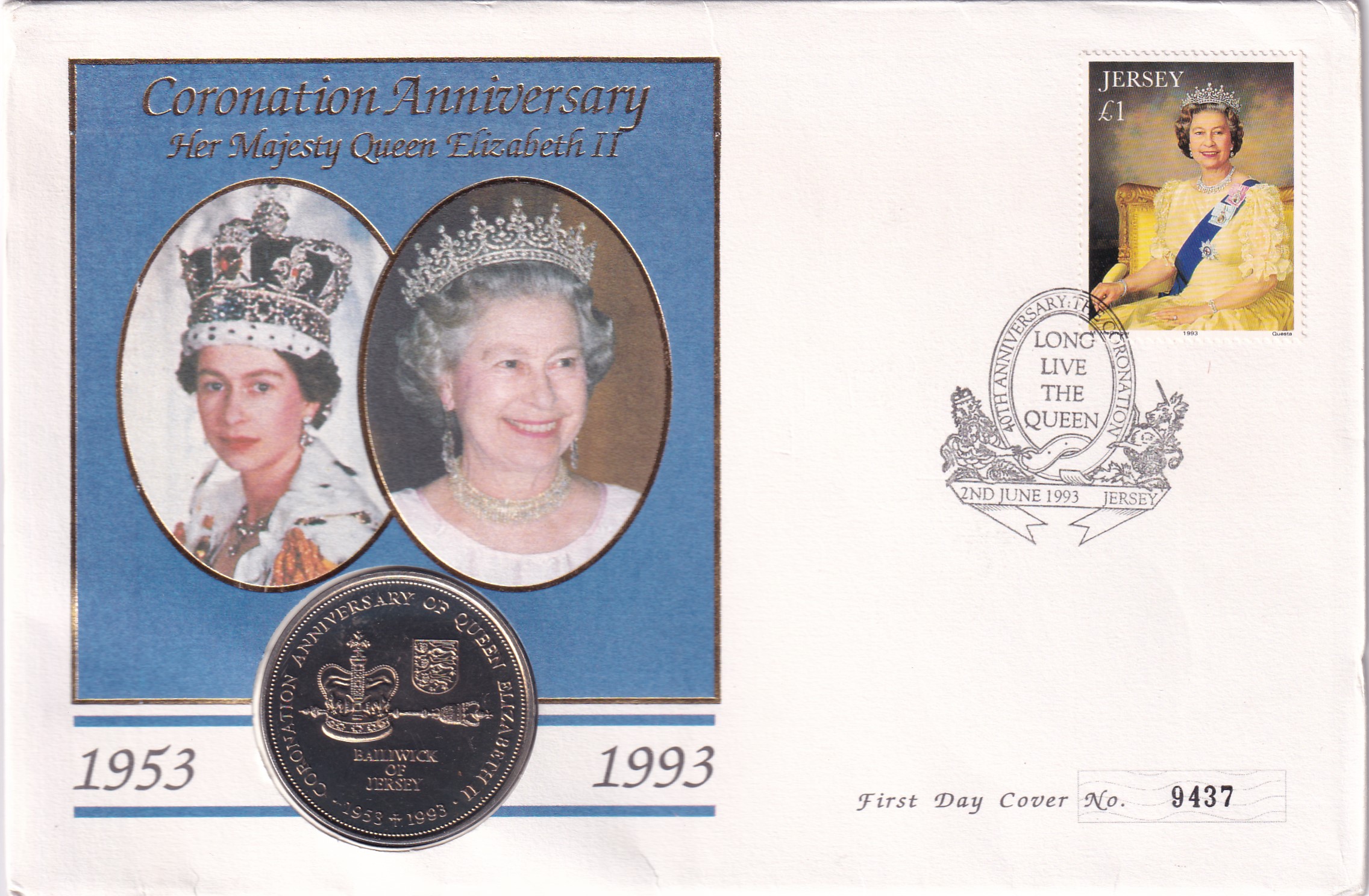 Jersey 2 Pounds 1993 - Elizabeth II Coronation Jubilee Rare Coin ( First Day Cover with Stamp )