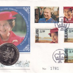 Falkland Islands 50 Pence 1992 - Elizabeth II 40th Anniversary - Reign of Queen Elizabeth II Rare Coin ( First Day Cover with Stamp )