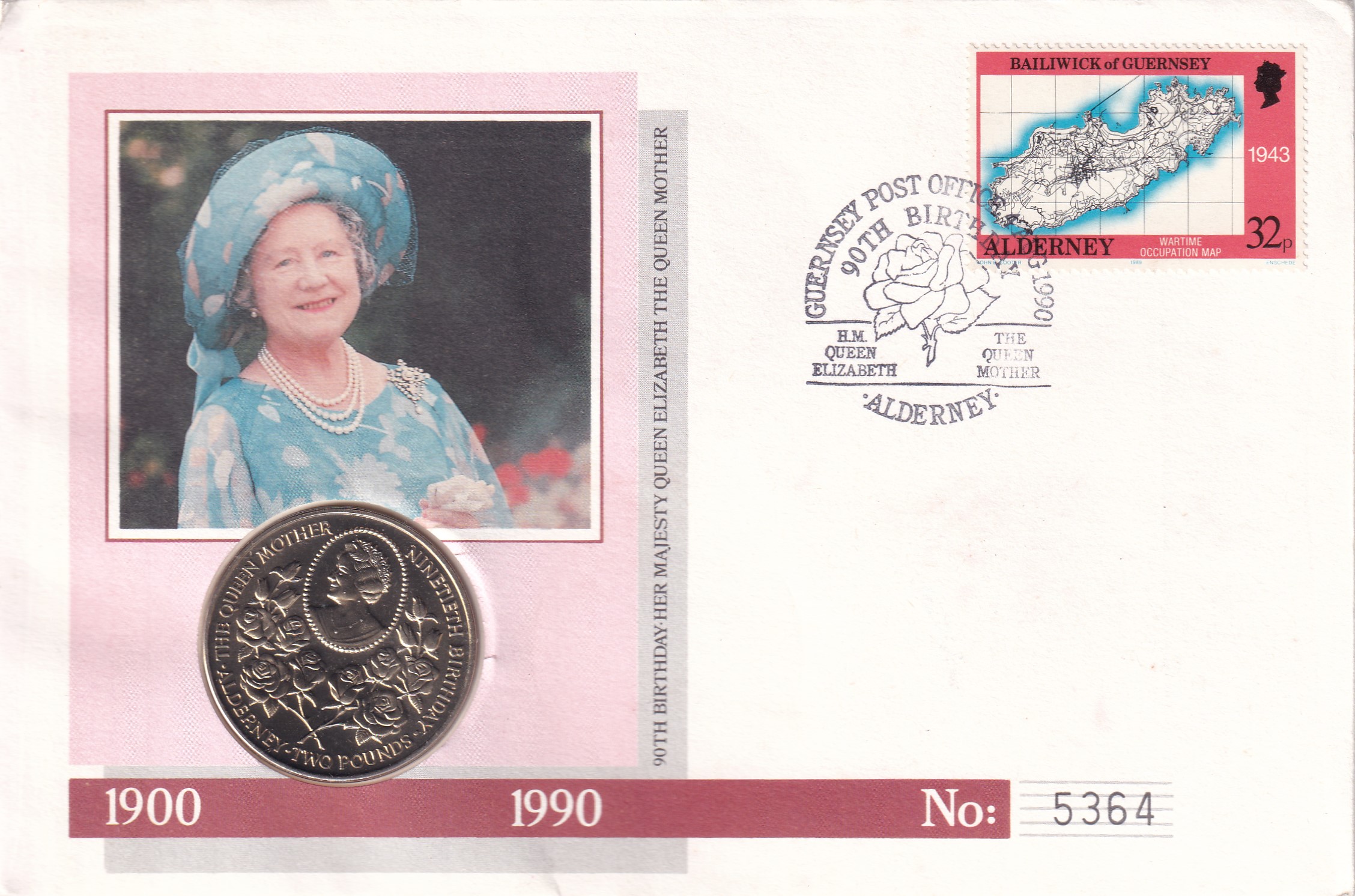 Alderney 2 Pounds 1990 - Elizabeth II Queen Mother's 90th Birthday Rare Coin ( First Day Cover with Stamp )