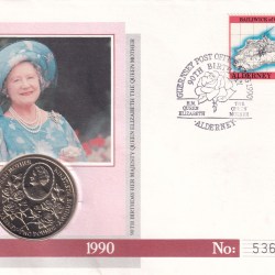 Alderney 2 Pounds 1990 - Elizabeth II Queen Mother's 90th Birthday Rare Coin ( First Day Cover with Stamp )