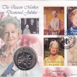 Turks and Caicos Islands 5 Crowns 1997 - Elizabeth II Lady of the Century Diamond Jubilee Rare Coin ( First Day Cover with Stamp )