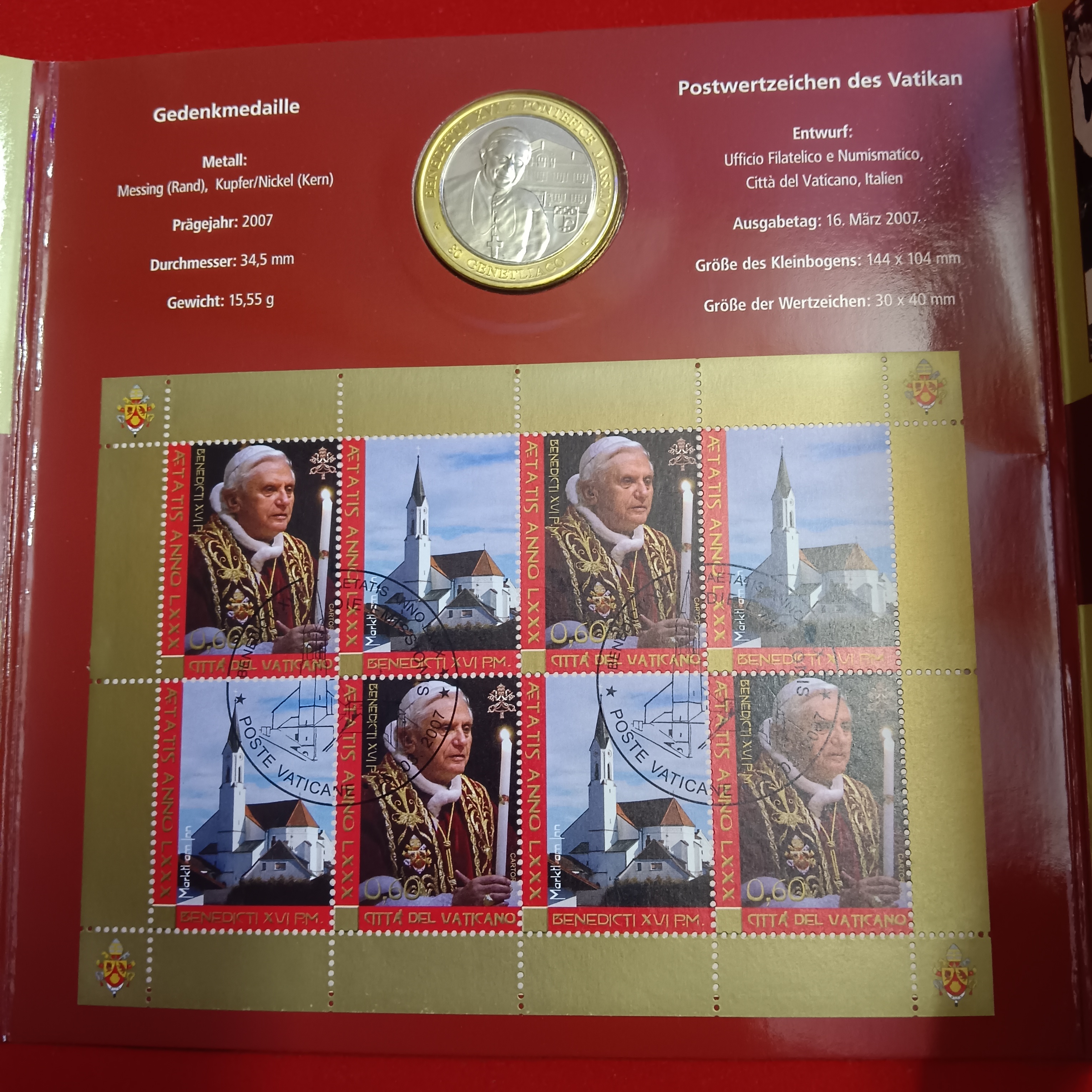 Ex Rare Deutsche Post Celebrating 80th Birthday of Pope Benedict XVI in 2007 Year featuring special Stamps and Commemorative Proof Coin Set Issued German Mint