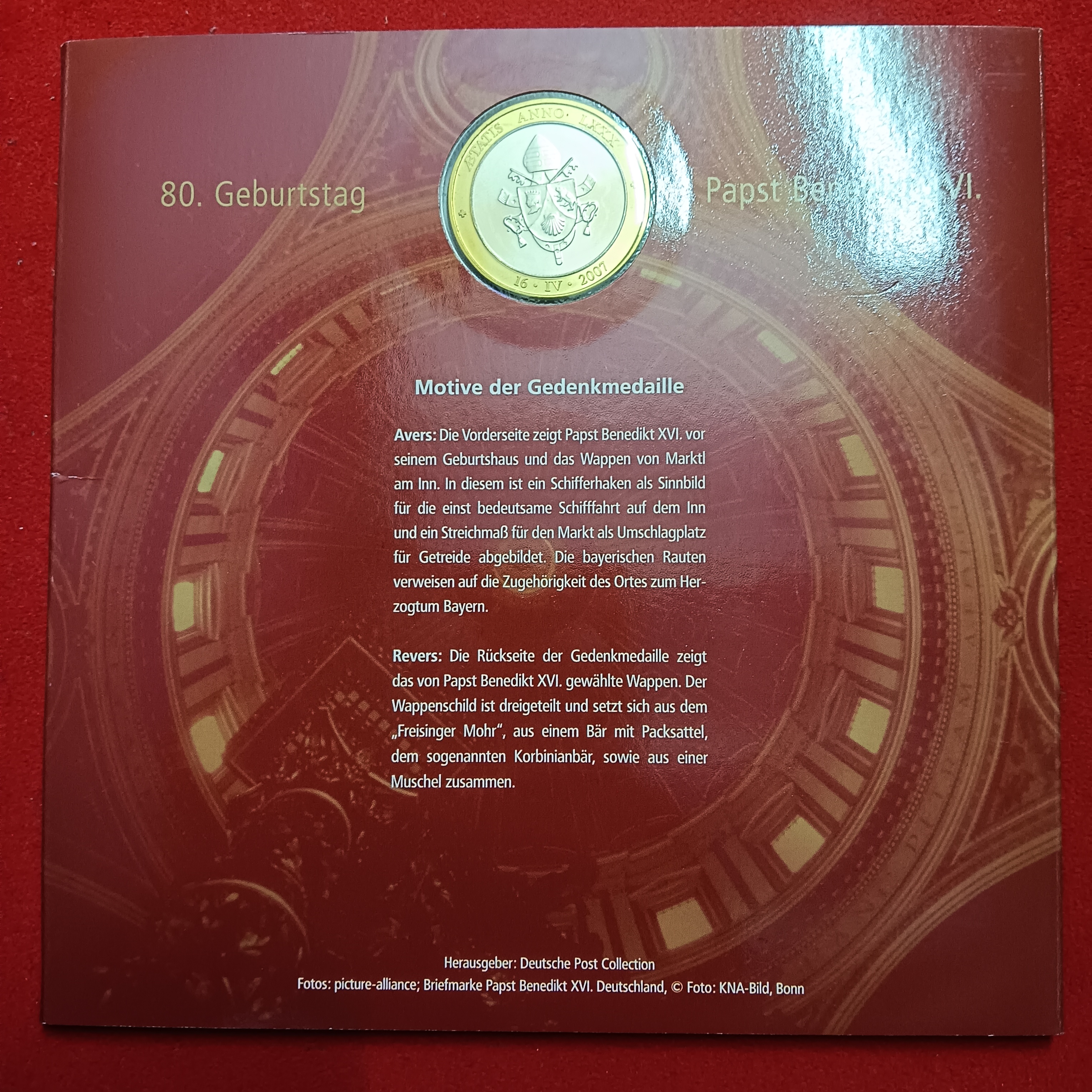 Ex Rare Deutsche Post Celebrating 80th Birthday of Pope Benedict XVI in 2007 Year featuring special Stamps and Commemorative Proof Coin Set Issued German Mint