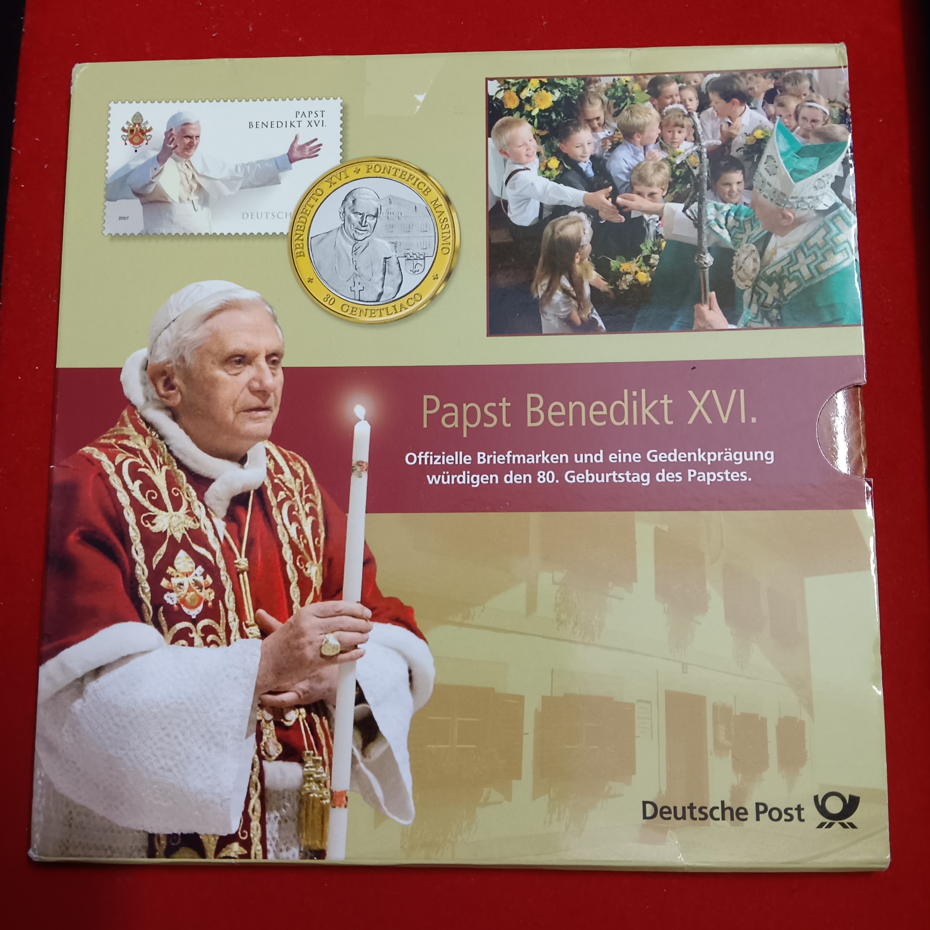 Ex Rare Deutsche Post Celebrating 80th Birthday of Pope Benedict XVI in 2007 Year featuring special Stamps and Commemorative Proof Coin Set Issued German Mint