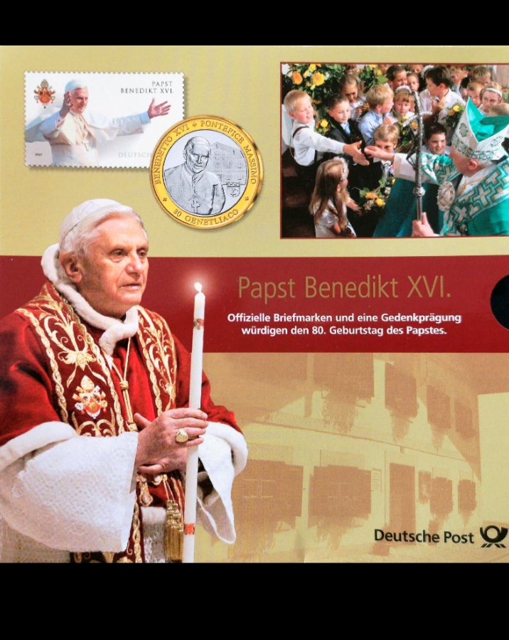 Ex Rare Deutsche Post Celebrating 80th Birthday of Pope Benedict XVI in 2007 Year featuring special Stamps and Commemorative Proof Coin Set Issued German Mint