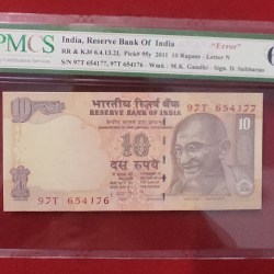 10 RUPEES NOTE - GOVERNOR D. SUBBARAO -YEAR 2011 INSET N - GRADED 63 -UNC - ERROR SERIAL NO - 654177,654176