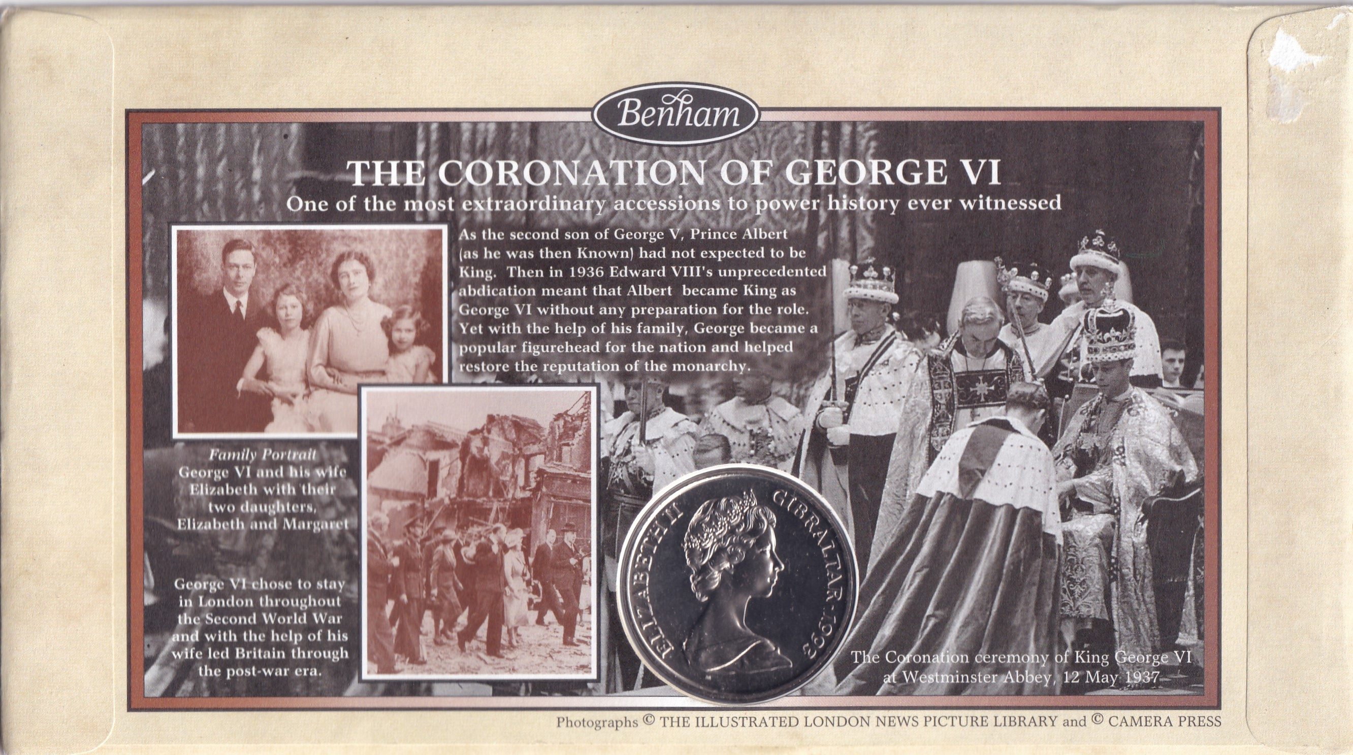 Gibraltar 1 Crown 1993 - Elizabeth II Coronation King George VI 1937-1997 The Crowing Glory Rare Coin ( FIRST DAY COVER WITH STAMPS)
