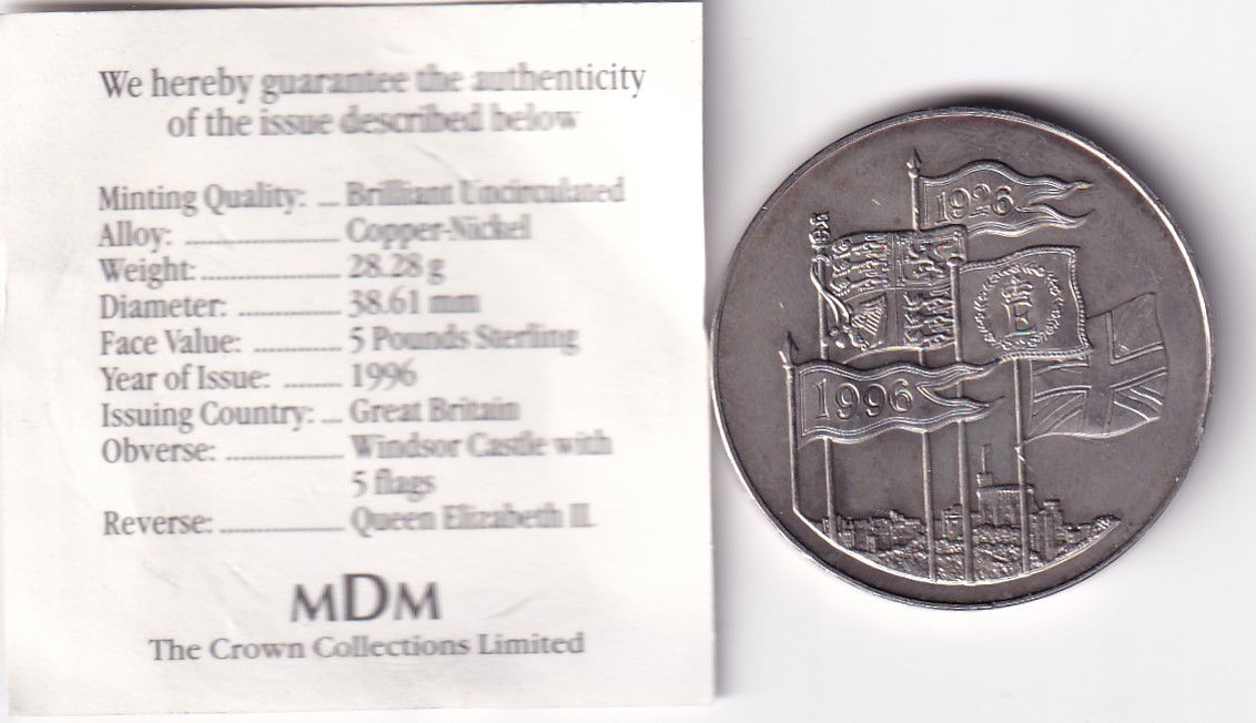 United Kingdom 5 Pounds 1996 - Elizabeth II 3rd portrait; Queen's 70th Birthday Rare Commemorative UNC Coin with Cover #R-24