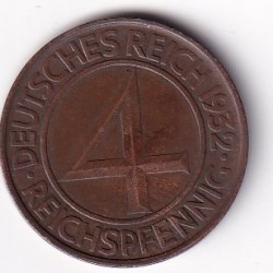 Germany 4 Reichspfennig 1932 Rare Coin #R-48