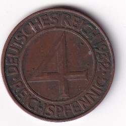 Germany 4 Reichspfennig 1932 Rare Coin #R-49