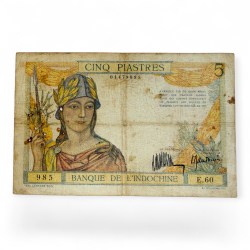 Rs 5 Banknote Note Cinq Piastres La IndoChine Issue Unique and Very Rare