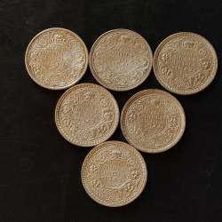 SILVER BRITISH INDIA 6 YEARS SET OF KING & EMPEROR GEORGE VI DENOMINATION:1/2₹ YEAR:1940/41/42/43/44/45 EXCELLENT CONDITION AS IMAGES Same and similar set available