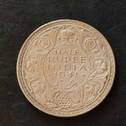Silver British India King and emperor George vi Denominaton 1/2₹ Year 1941 Excellent condition Same and similar piece available