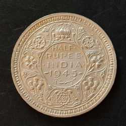 Silver British India King and emperor George vi Denominaton 1/2₹ Year 1945 Excellent condition Same and similar piece available