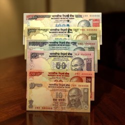 Rs 10 to 1000 India Banknote Previous issue Small Font Solid Number 666666 Set Gem Unc Unique and Rare