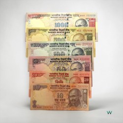 Rs 10 to 1000 India Banknote Previous issue Small Font Solid Number 999999 Set Gem Unc Unique and Rare