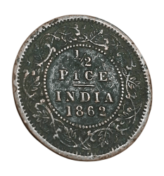 British India Copper 1/2 PICE Year 1862 QUEEN VICTORIA in Collectable Grade.