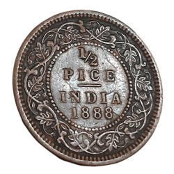 British India Copper 1/2 PICE Year 1888 VICTORIA EMPRESS with GHOSTING Error **V. RARE** High Collectable Grade.