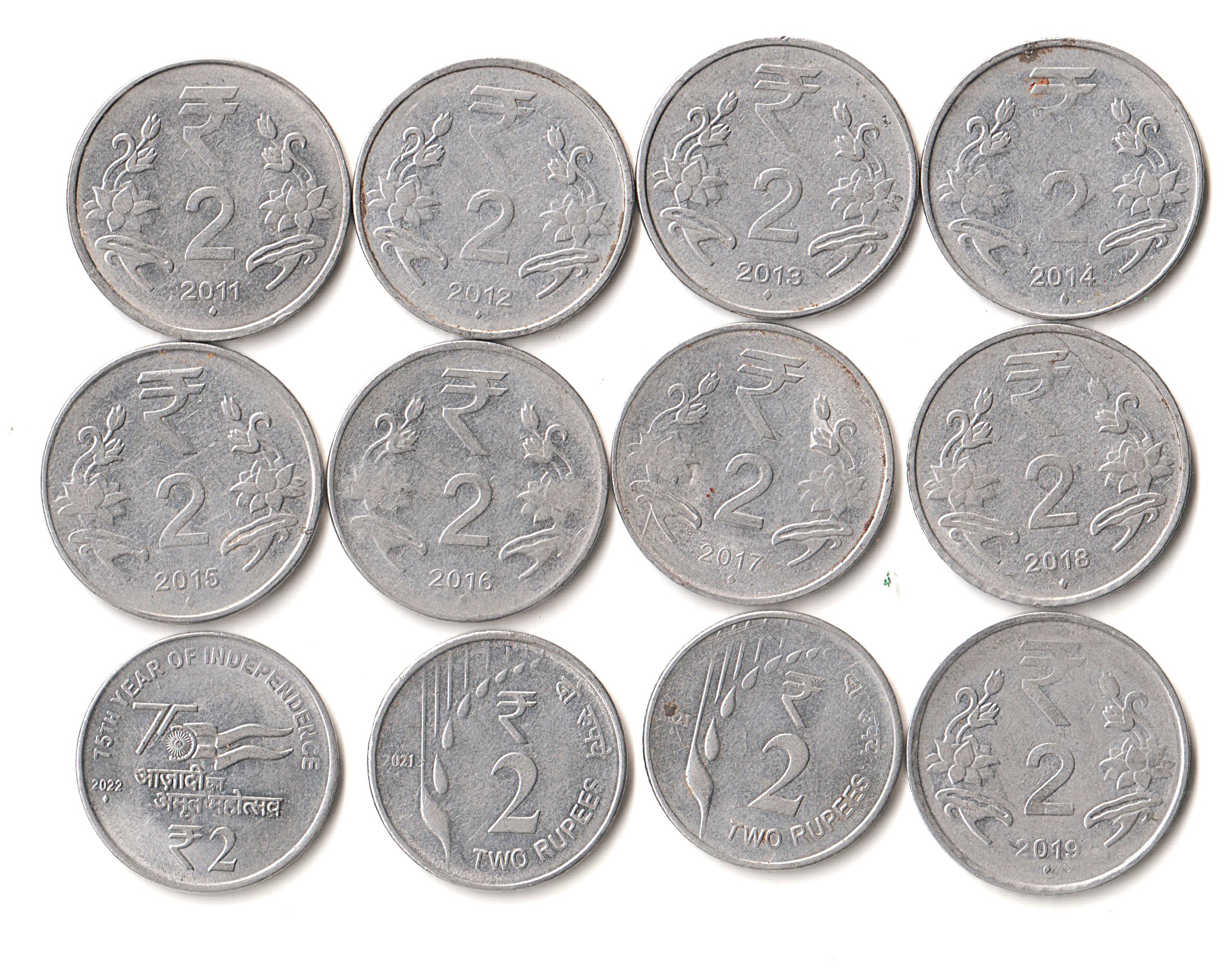12 Coins Set of Two Rupees 2011-2024 Republic India Coinage Bombay Mint